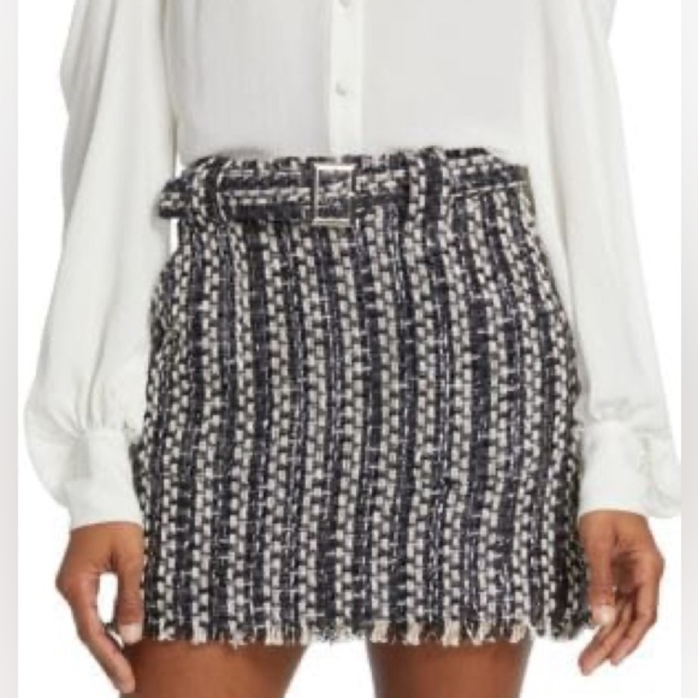 New! Ramy Brook Black Combo Ashley Belted Tweed Mini Skirt Size 4 2452